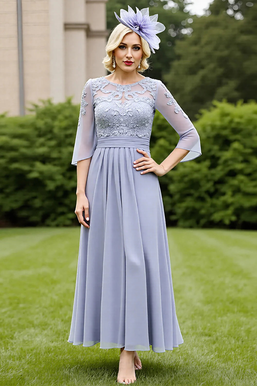 Grey Blue Chiffon A Line Long Full Of Charm Mother of Bride Dress